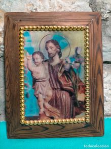 Antiques: Cuadro 3D de san José con el niño Jesús en brazos marco de madera
